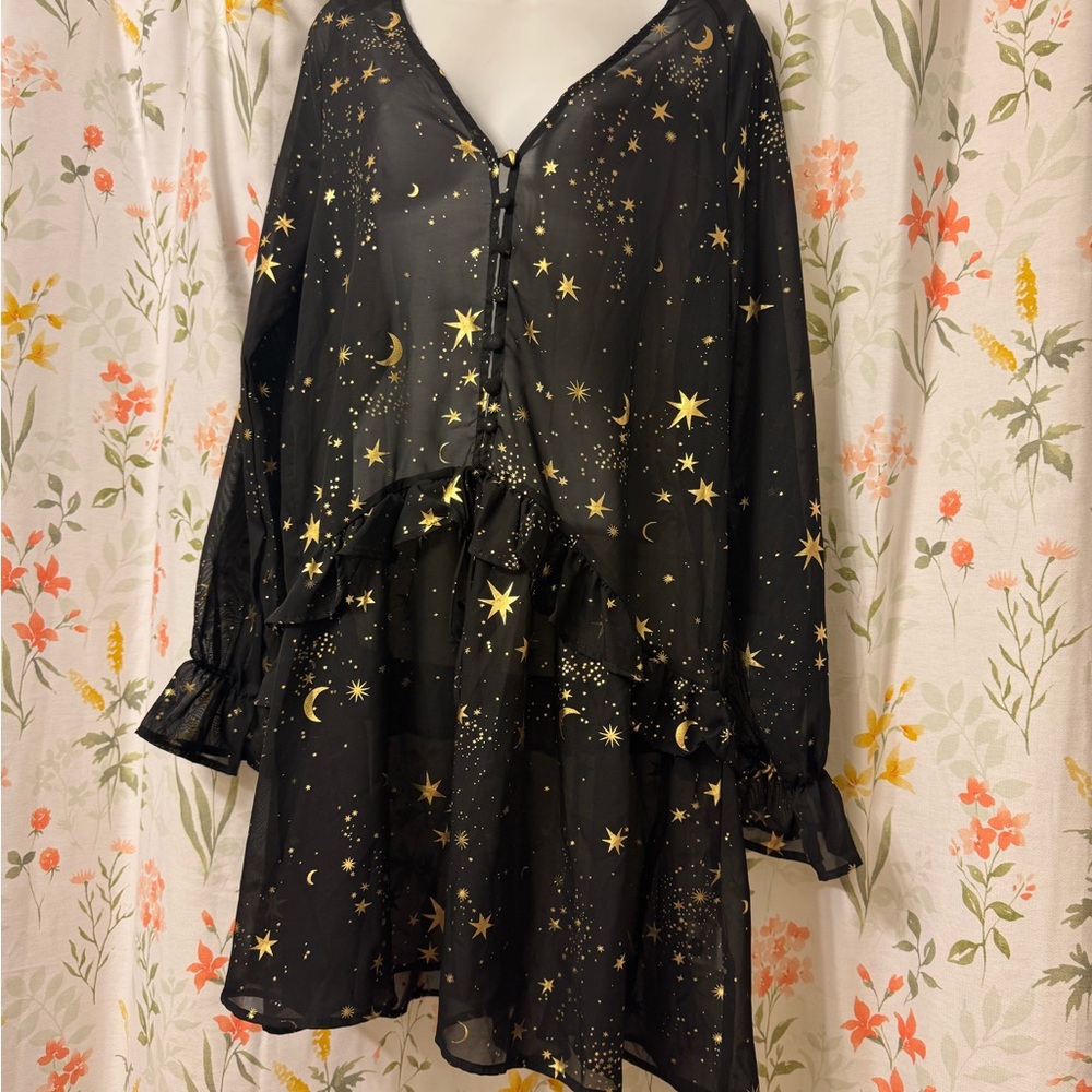 HAODUOYI Black Dress with Gold Accents
